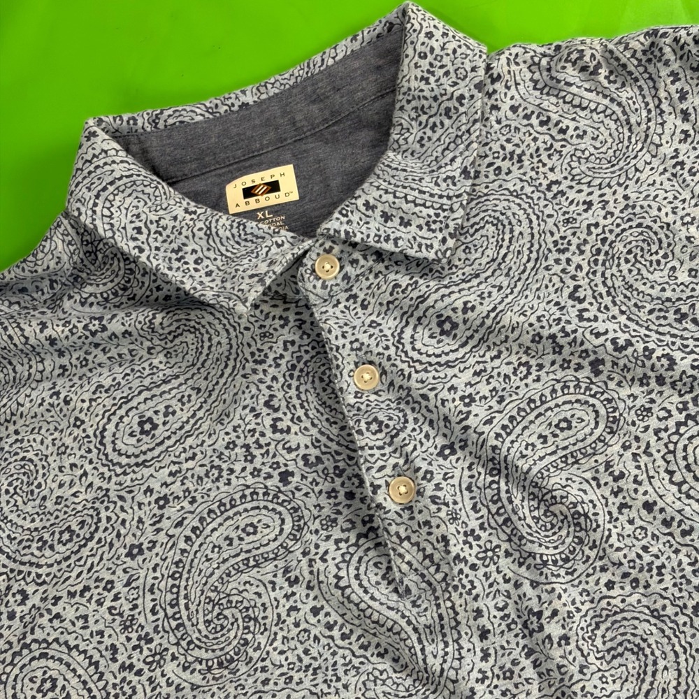 Joseph Abboud Paisley AOP Polo Mens XL Blue Soft Cotton Modal Abstract Shirt EUC